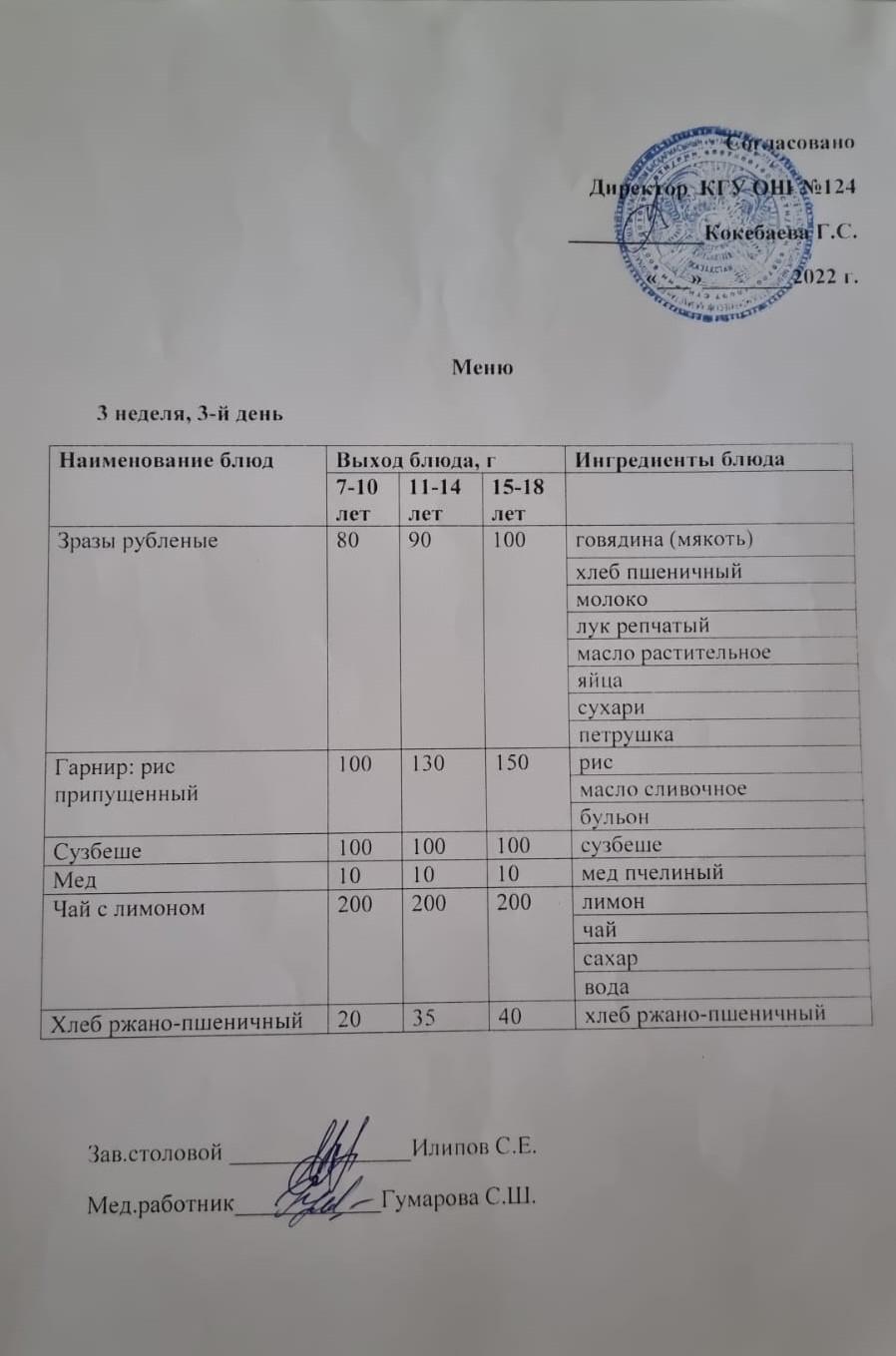 Меню 3 неделя 3 день