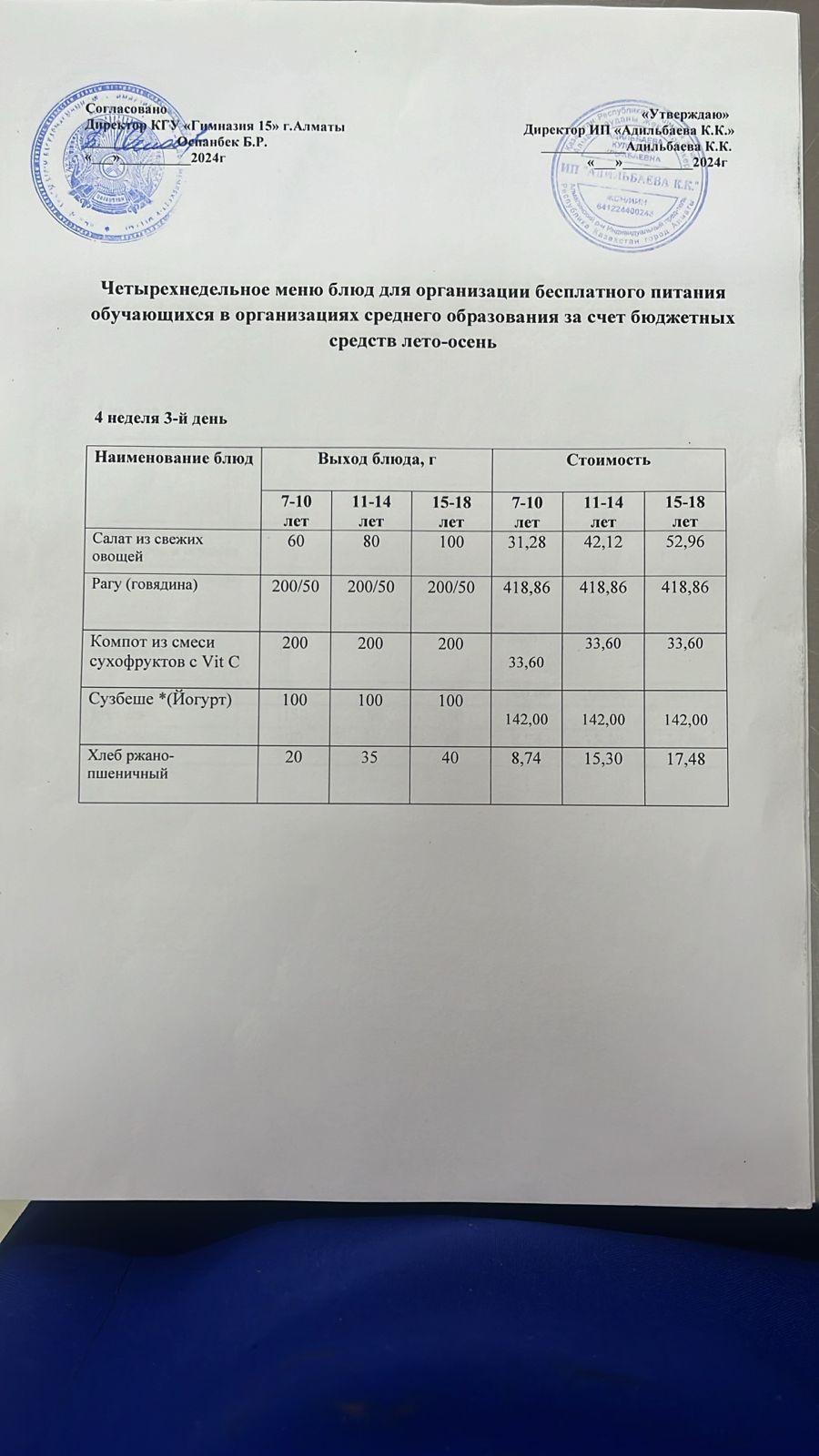 Ас мәзірі 4 апта 3 күн 23.10.2024